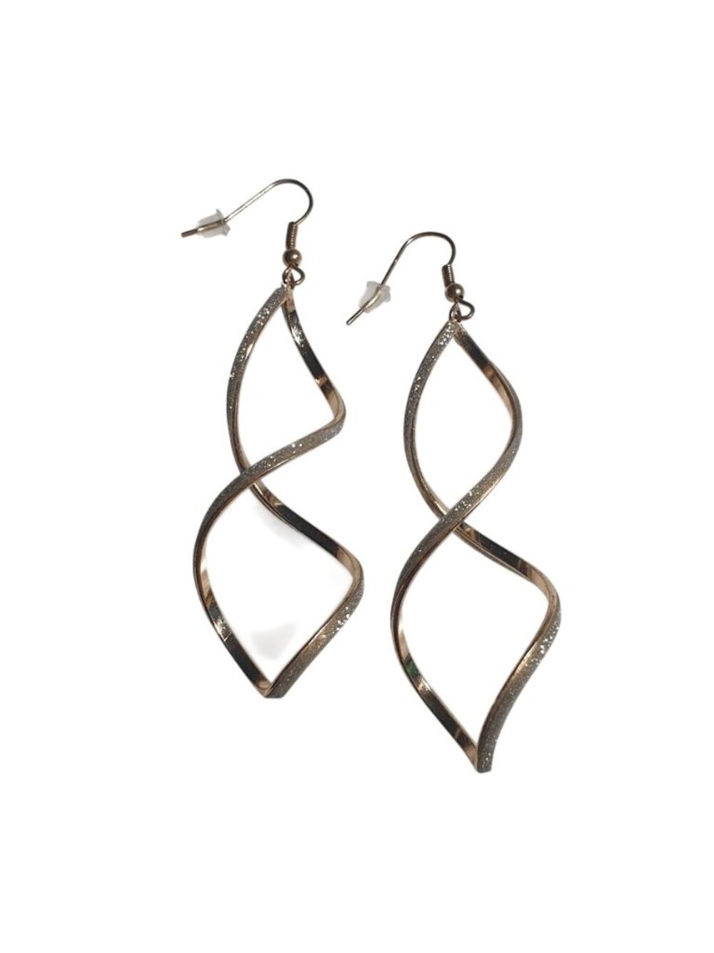 Gold Tone Silver Glitter Twist Dangle Earrings Hook Lightweight 3.25 In Spiral